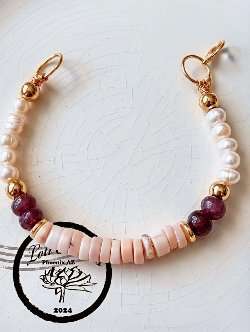 Nature's Pink Opal & Ruby W/ Baroque Pearls In Statement Gold Plated Bracelet